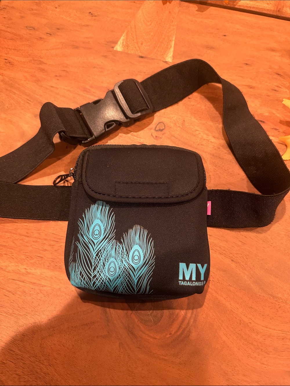 MY Tagalongs Black Mini Waist Bag with Teal Feather Detail